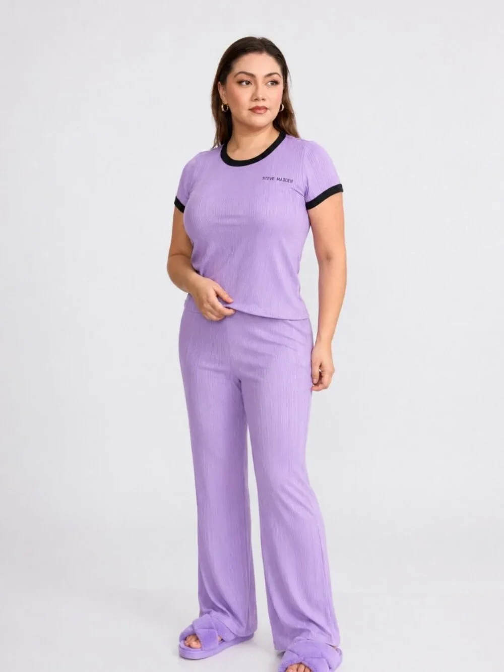 Steve Madden Ribbed Pajama Set, Short Sleeve Top & Pants Lounge Set Color Lila